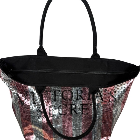 NWOT Victoria’s Secret Sequined Stripe Zip Closure Tote Bag – Pink Silver Black - Picture 3 of 9